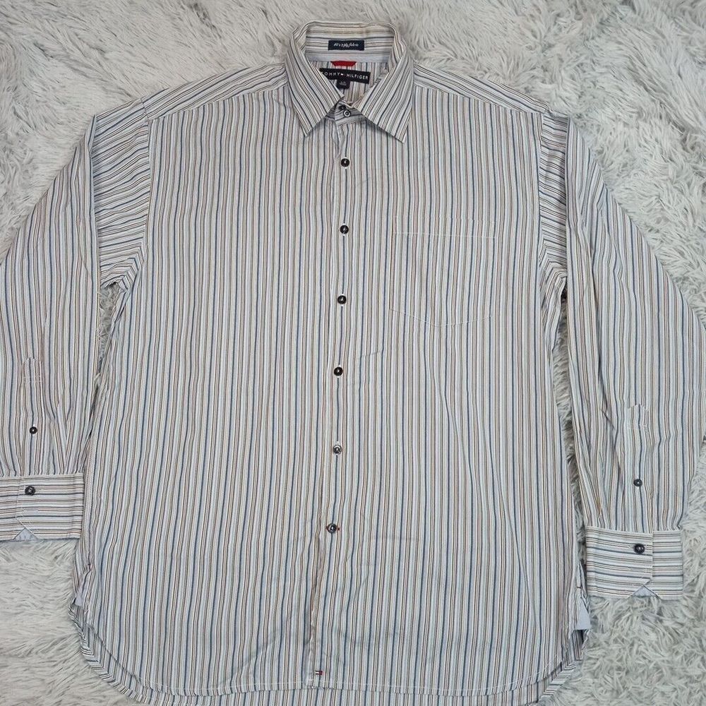 Vintage Tommy Hilfiger Shirt Mens L Blue Stripe 80's 2 Ply‎ Fabric Pocket Preppy